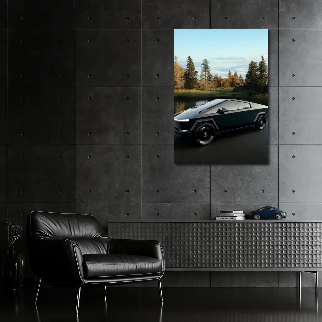 Tesla Cybertruck Parked Near Calm Lake – Wall Art