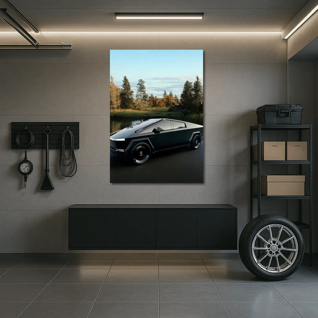 Tesla Cybertruck Parked Near Calm Lake – Wall Art