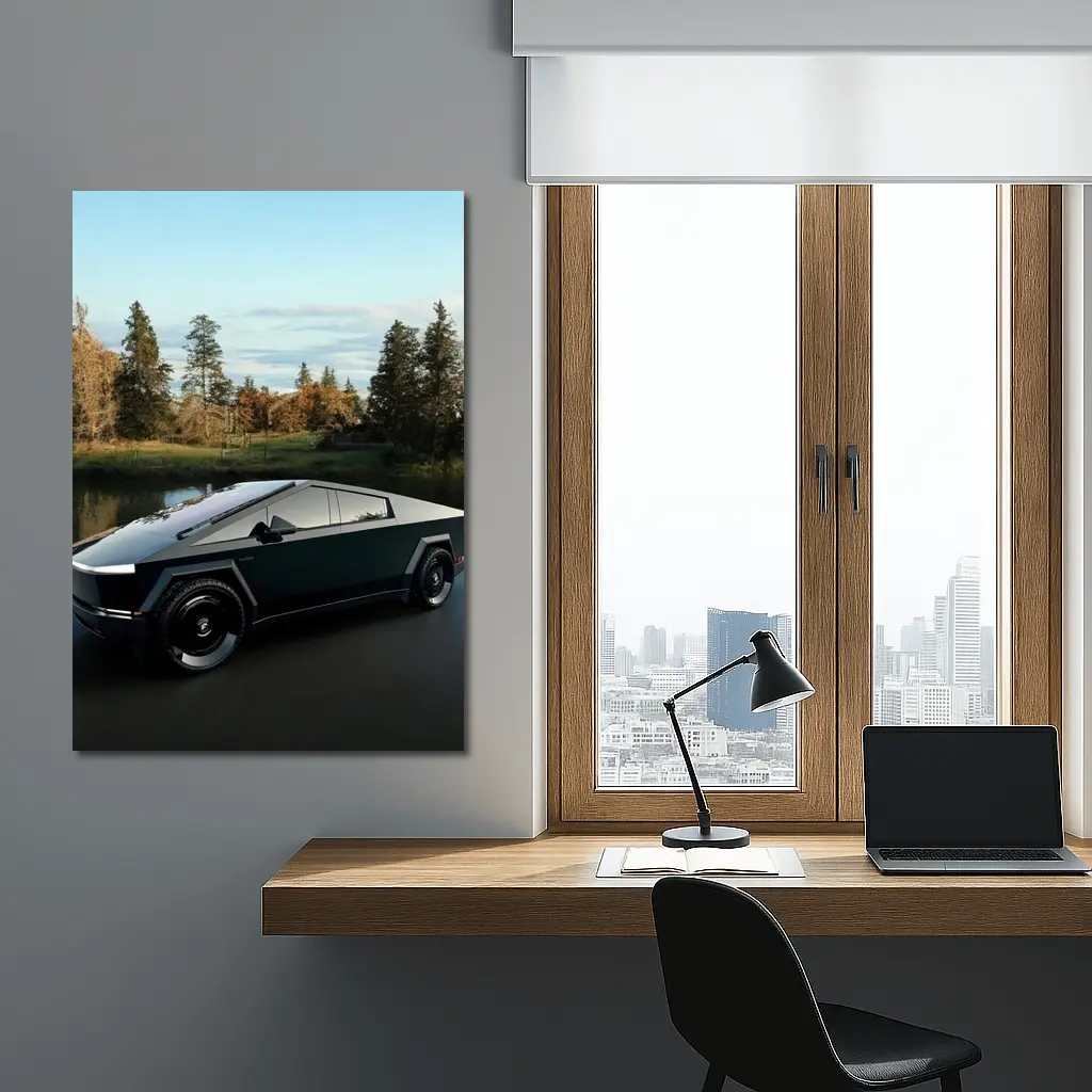 Tesla Cybertruck Parked Near Calm Lake – Wall Art