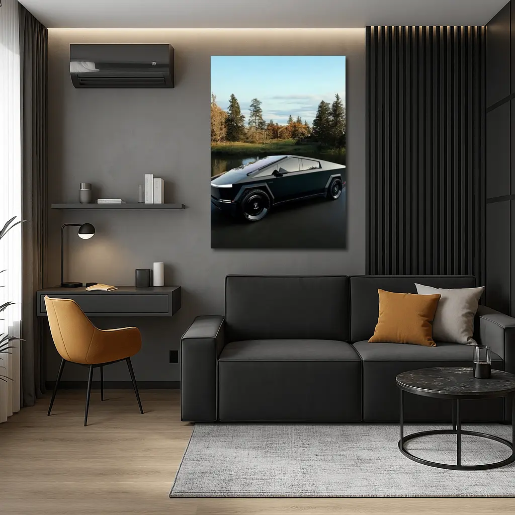 Tesla Cybertruck Parked Near Calm Lake – Wall Art