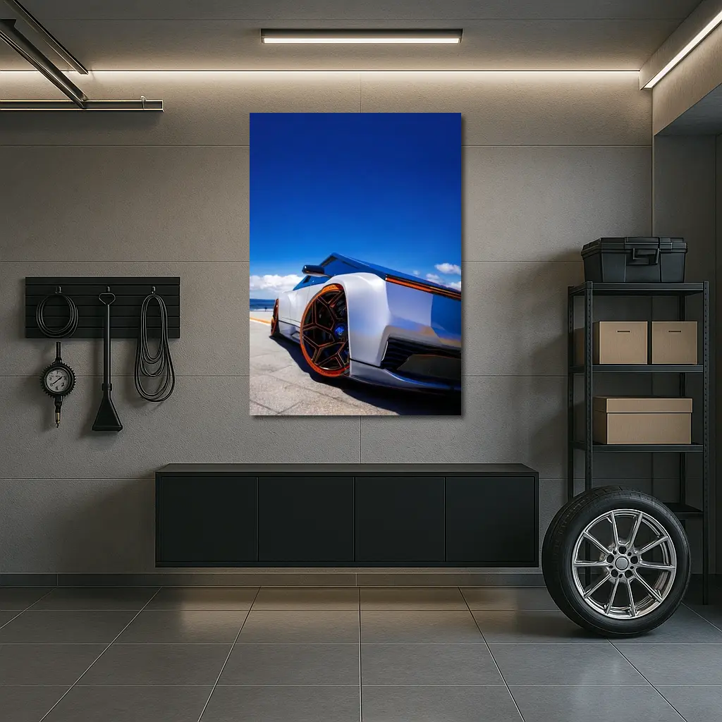 Tesla Cybertruck Coastal Blue Sky View – Wall Art