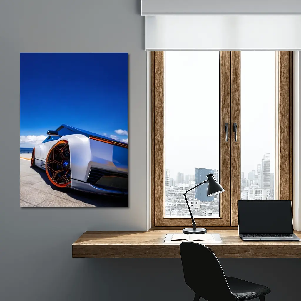 Tesla Cybertruck Coastal Blue Sky View – Wall Art