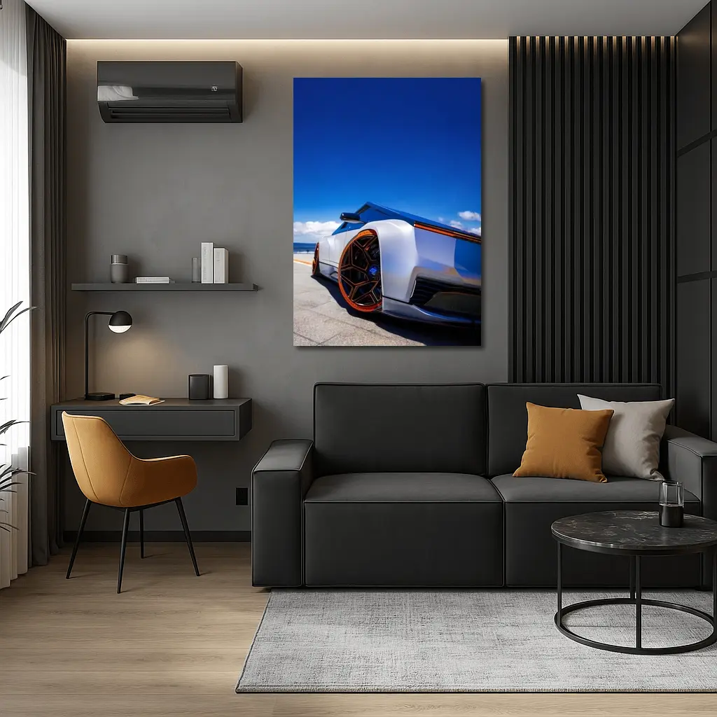 Tesla Cybertruck Coastal Blue Sky View – Wall Art