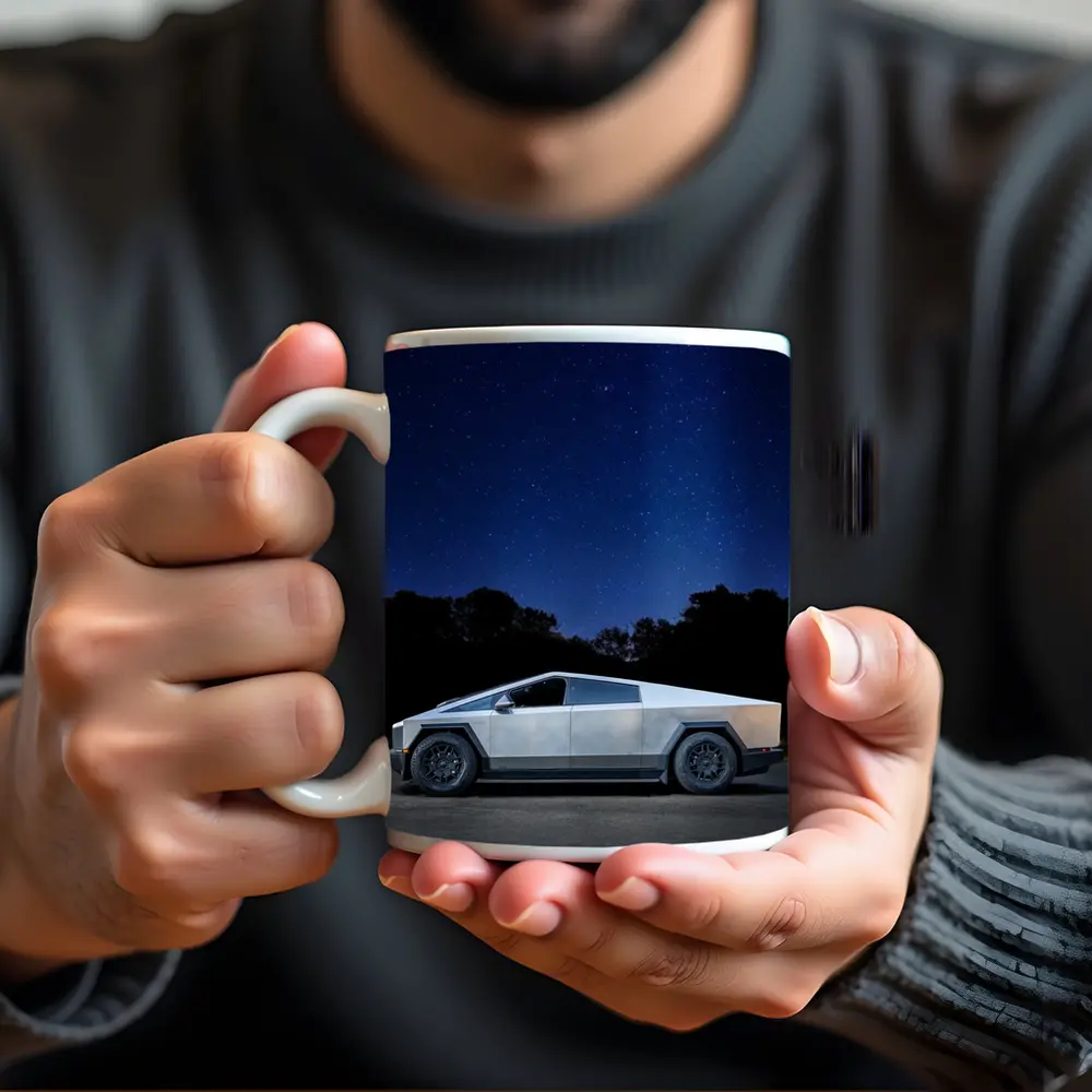 Tesla Cybertruck Parked Under Starry Night Sky – Mugs