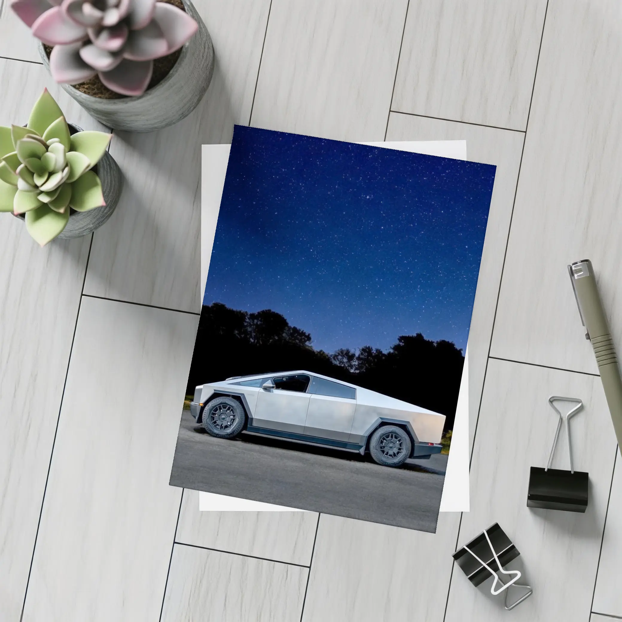 Tesla Cybertruck Parked Under Starry Night Sky – Postcards