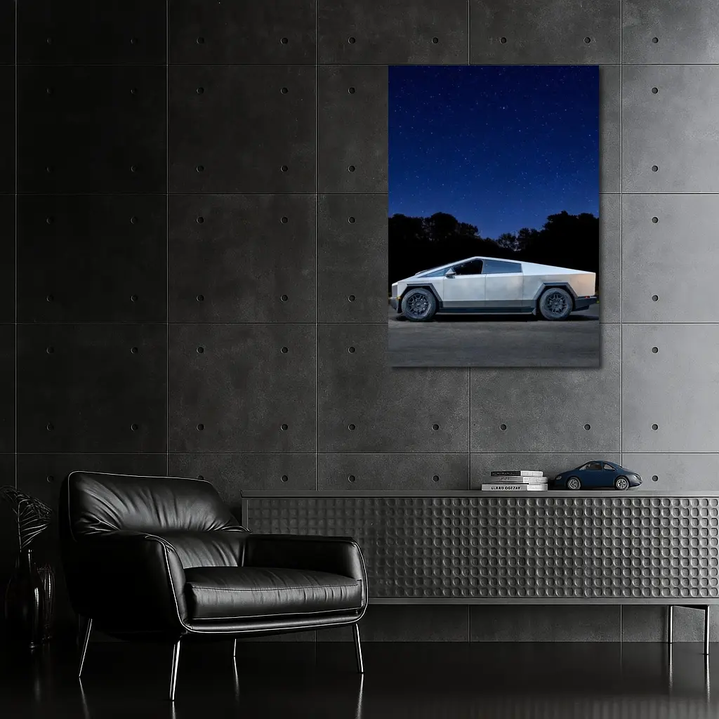 Tesla Cybertruck Parked Under Starry Night Sky – Wall Art