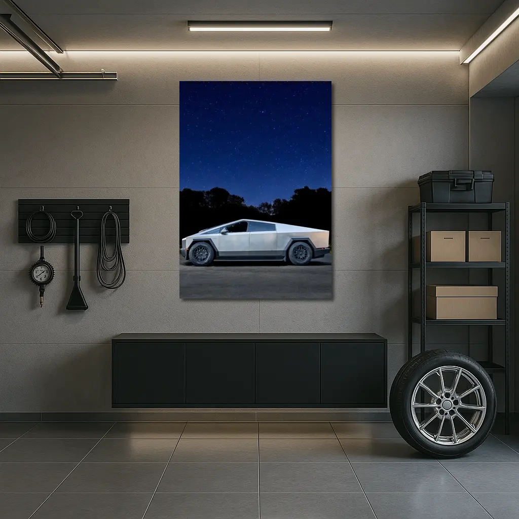 Tesla Cybertruck Parked Under Starry Night Sky – Wall Art