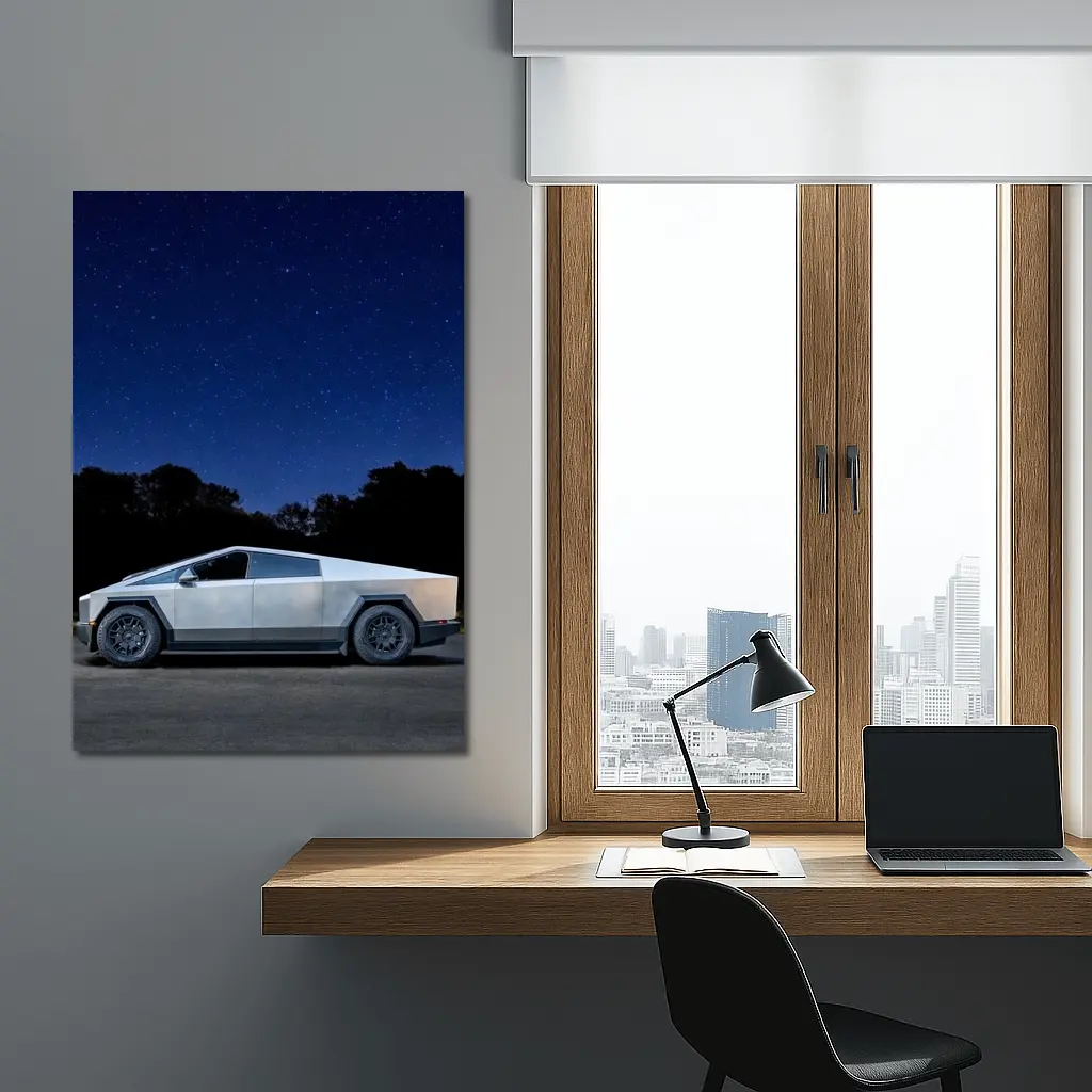 Tesla Cybertruck Parked Under Starry Night Sky – Wall Art
