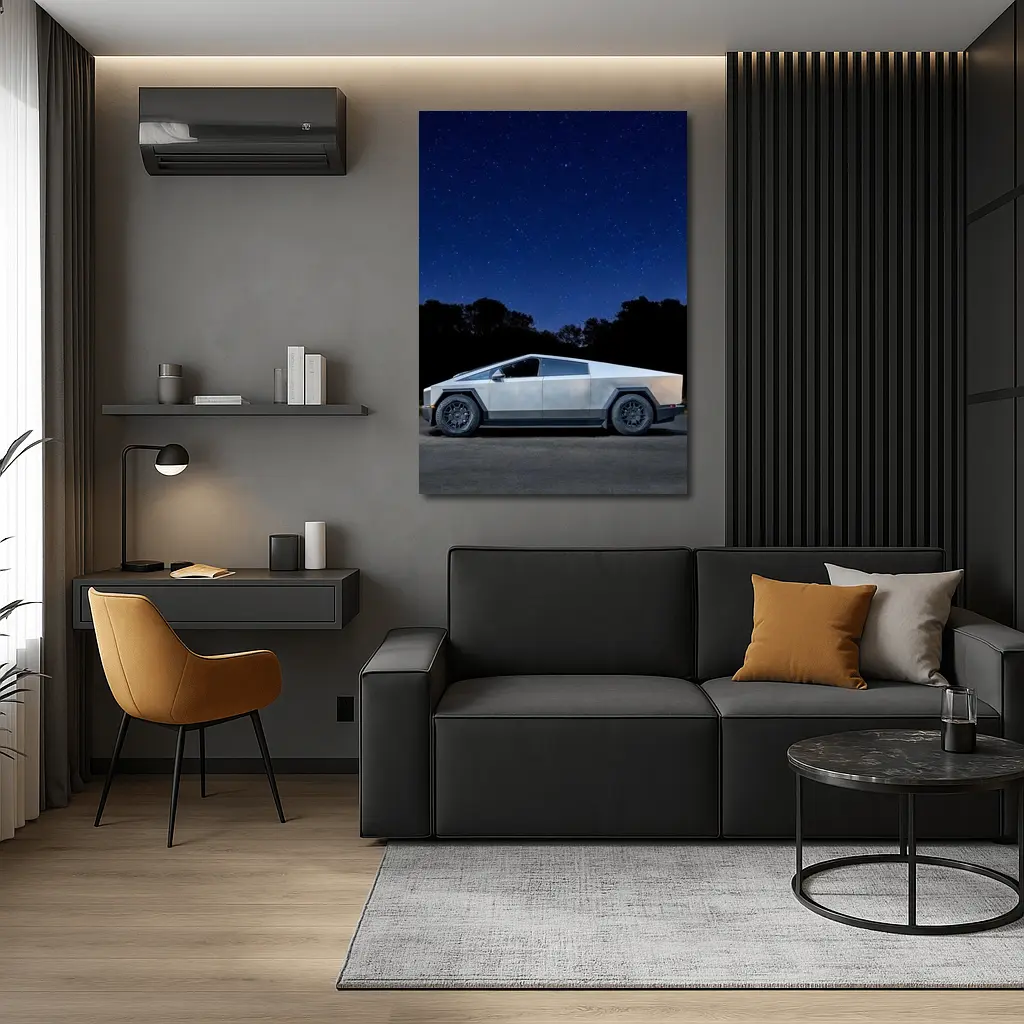 Tesla Cybertruck Parked Under Starry Night Sky – Wall Art
