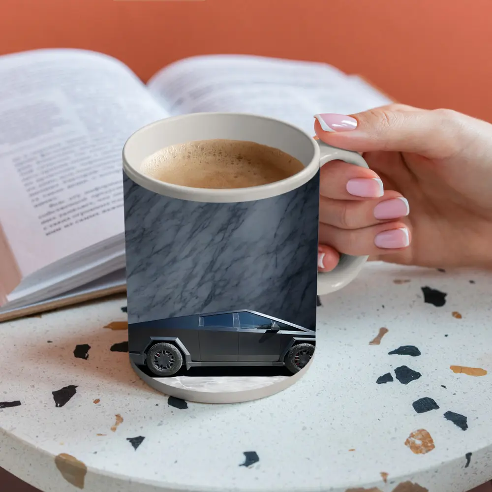 Tesla Cybertruck Against Marble Stone Wall – Mugs