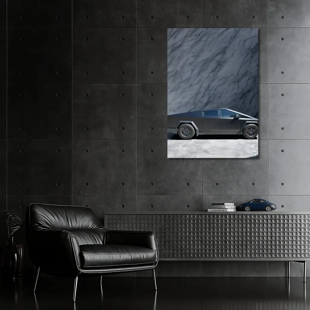 Tesla Cybertruck Against Marble Stone Wall – Wall Art
