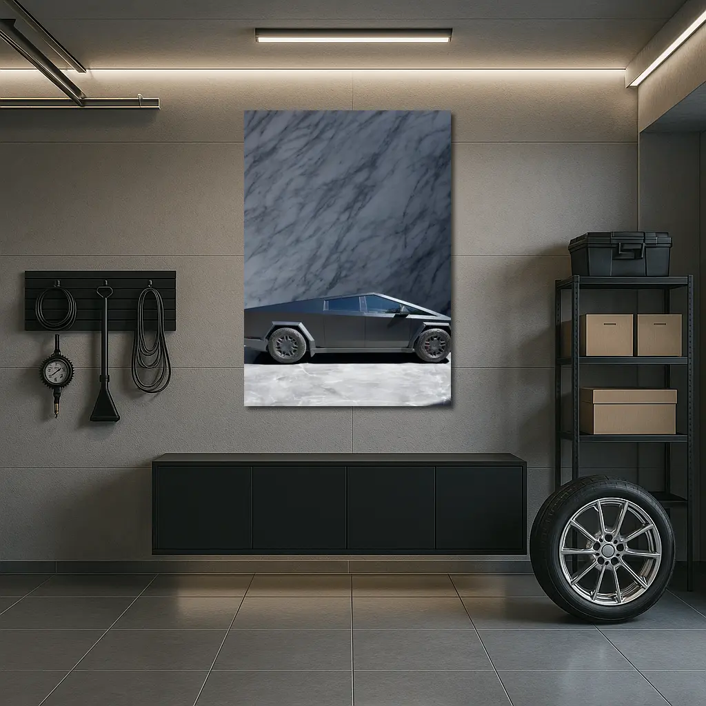 Tesla Cybertruck Against Marble Stone Wall – Wall Art