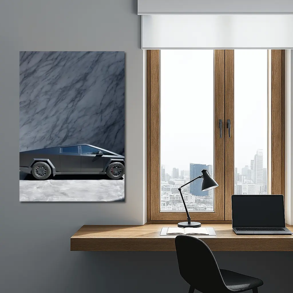 Tesla Cybertruck Against Marble Stone Wall – Wall Art