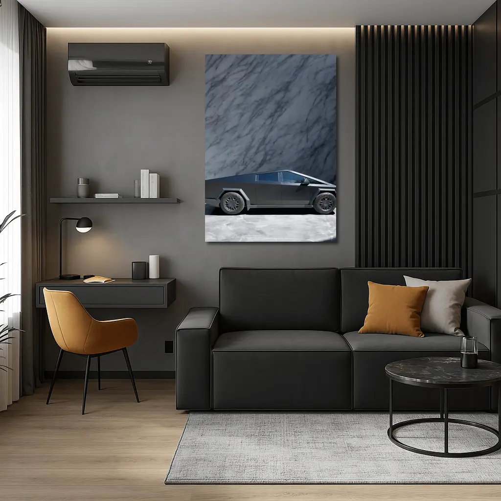 Tesla Cybertruck Against Marble Stone Wall – Wall Art
