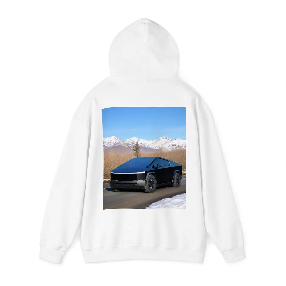 Tesla Cybertruck Black Snowy Mountain Road – Hoodies