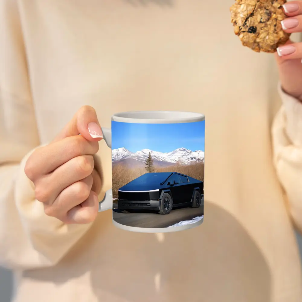 Tesla Cybertruck Black Snowy Mountain Road – Mugs