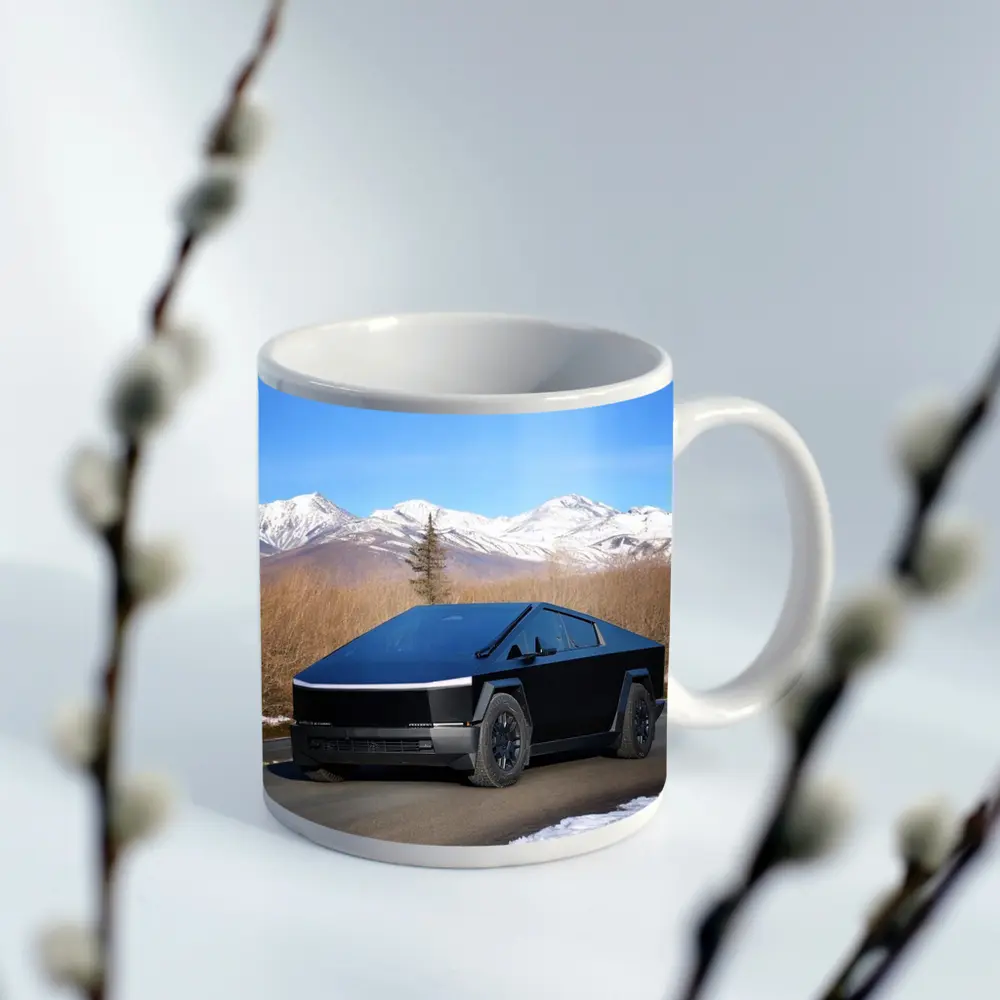 Tesla Cybertruck Black Snowy Mountain Road – Mugs