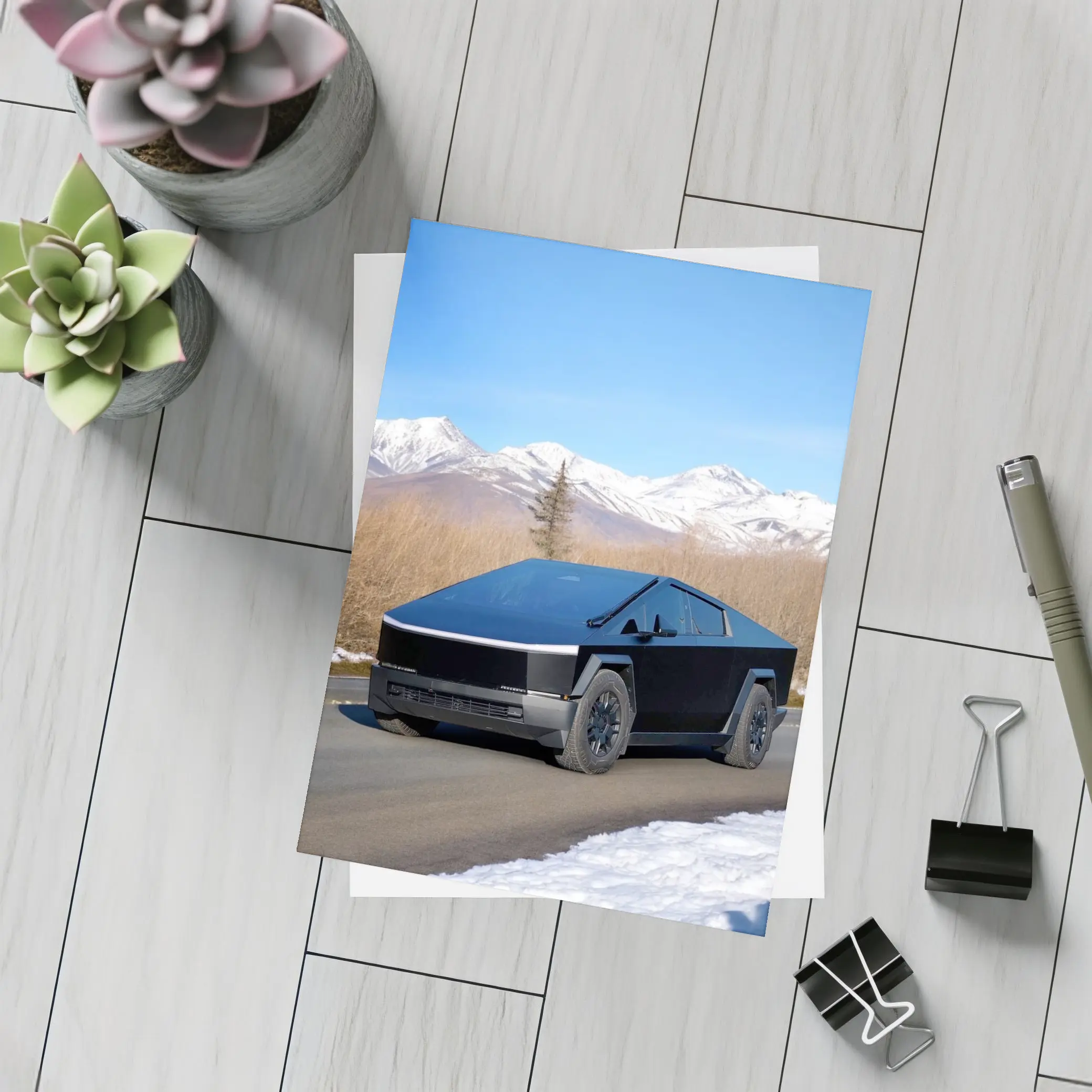 Tesla Cybertruck Black Snowy Mountain Road – Postcards