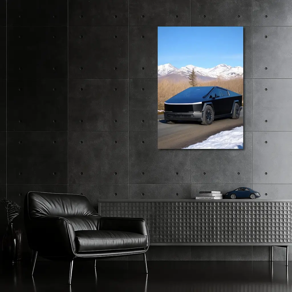 Tesla Cybertruck Black Snowy Mountain Road – Wall Art