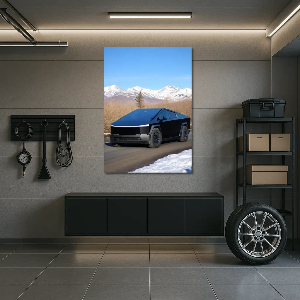 Tesla Cybertruck Black Snowy Mountain Road – Wall Art