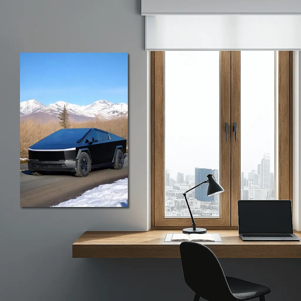 Tesla Cybertruck Black Snowy Mountain Road – Wall Art