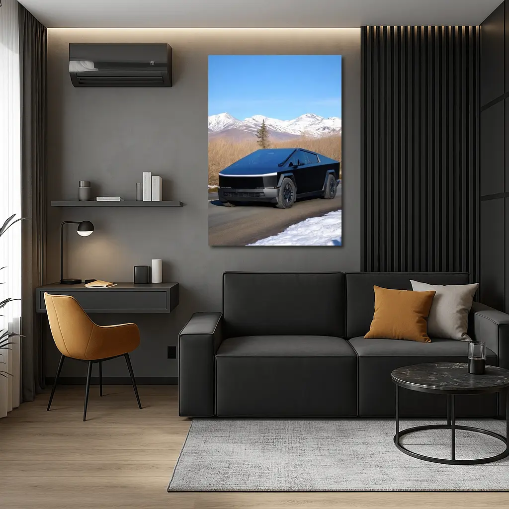 Tesla Cybertruck Black Snowy Mountain Road – Wall Art