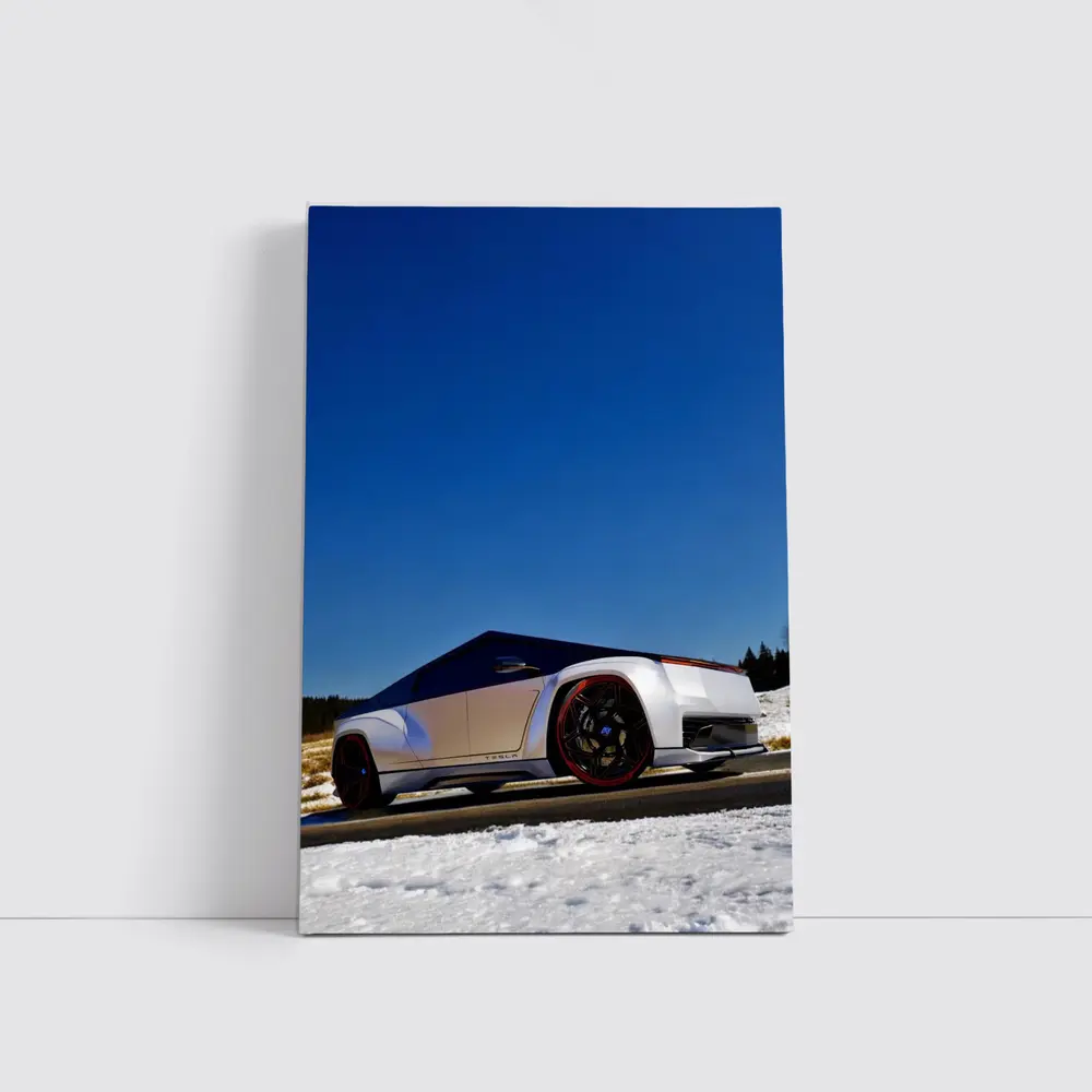 Tesla Cybertruck Silver Truck Snowy Road – Wall Art