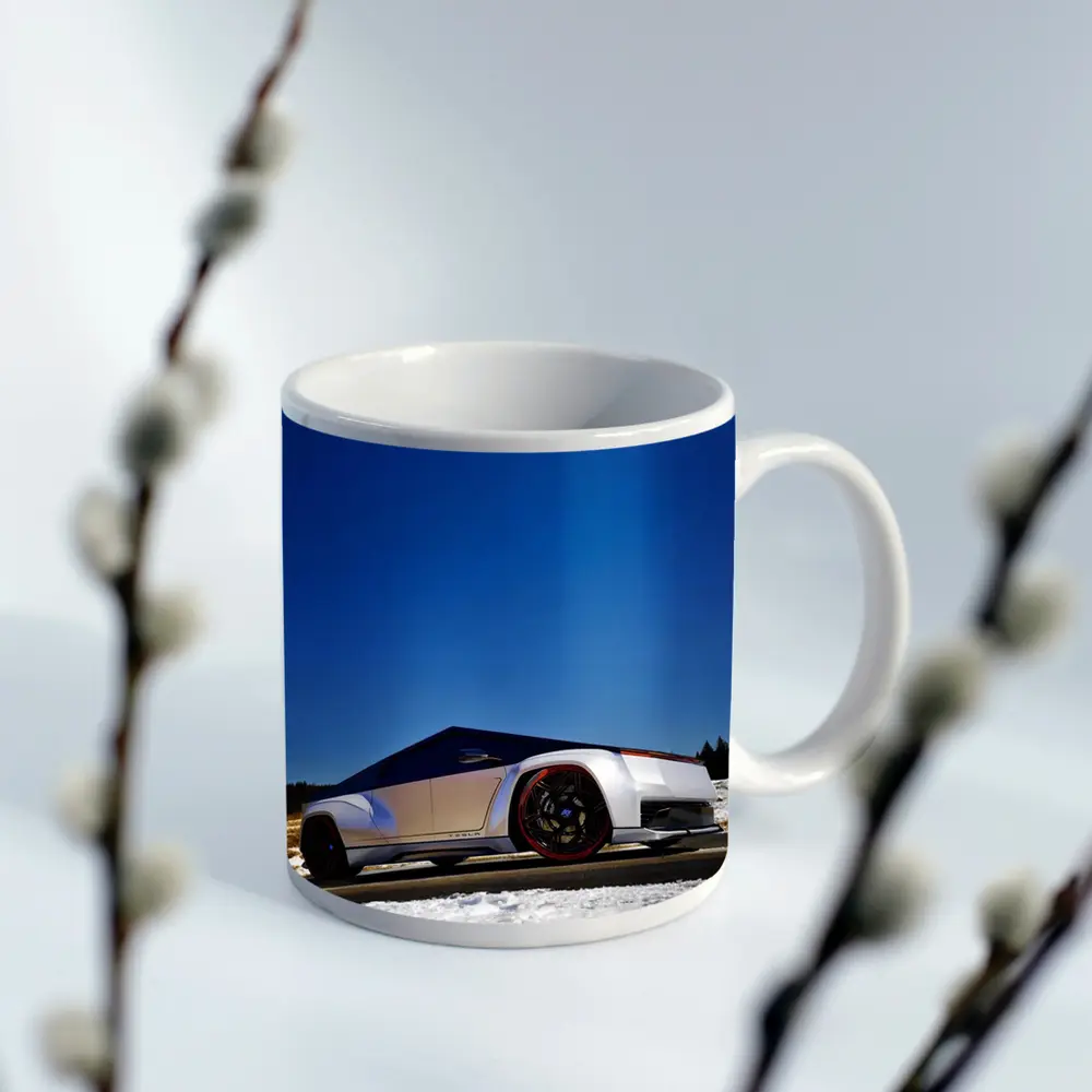 Tesla Cybertruck Silver Truck Snowy Road – Mugs