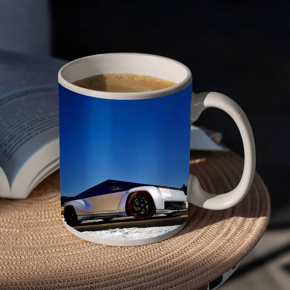 Tesla Cybertruck Silver Truck Snowy Road – Mugs
