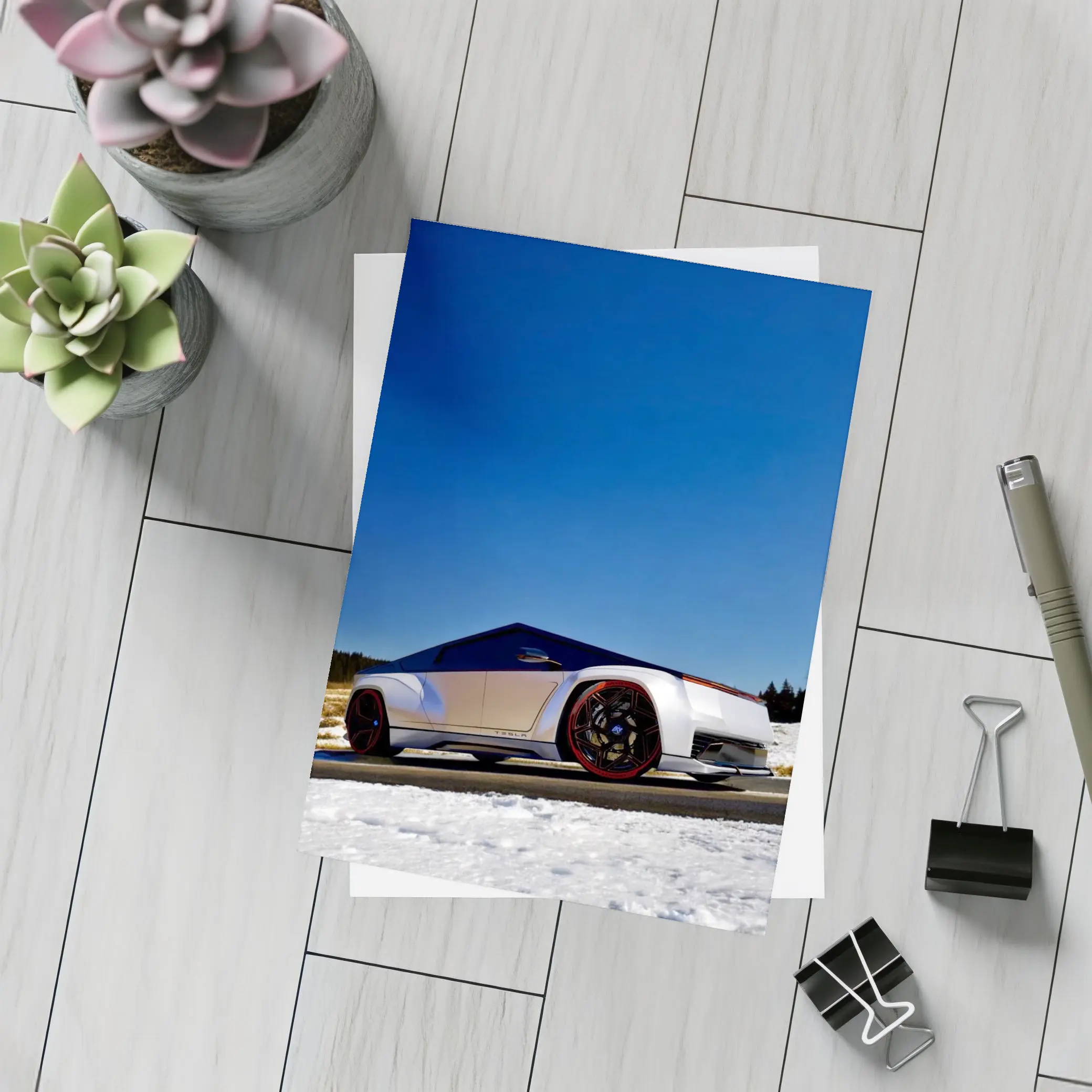 Tesla Cybertruck Silver Truck Snowy Road – Postcards
