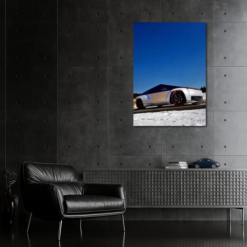 Tesla Cybertruck Silver Truck Snowy Road – Wall Art