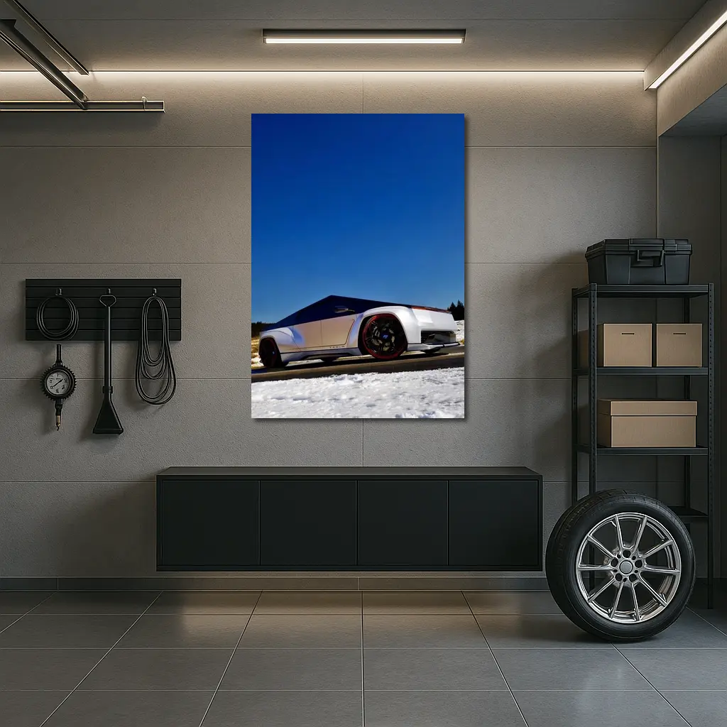 Tesla Cybertruck Silver Truck Snowy Road – Wall Art