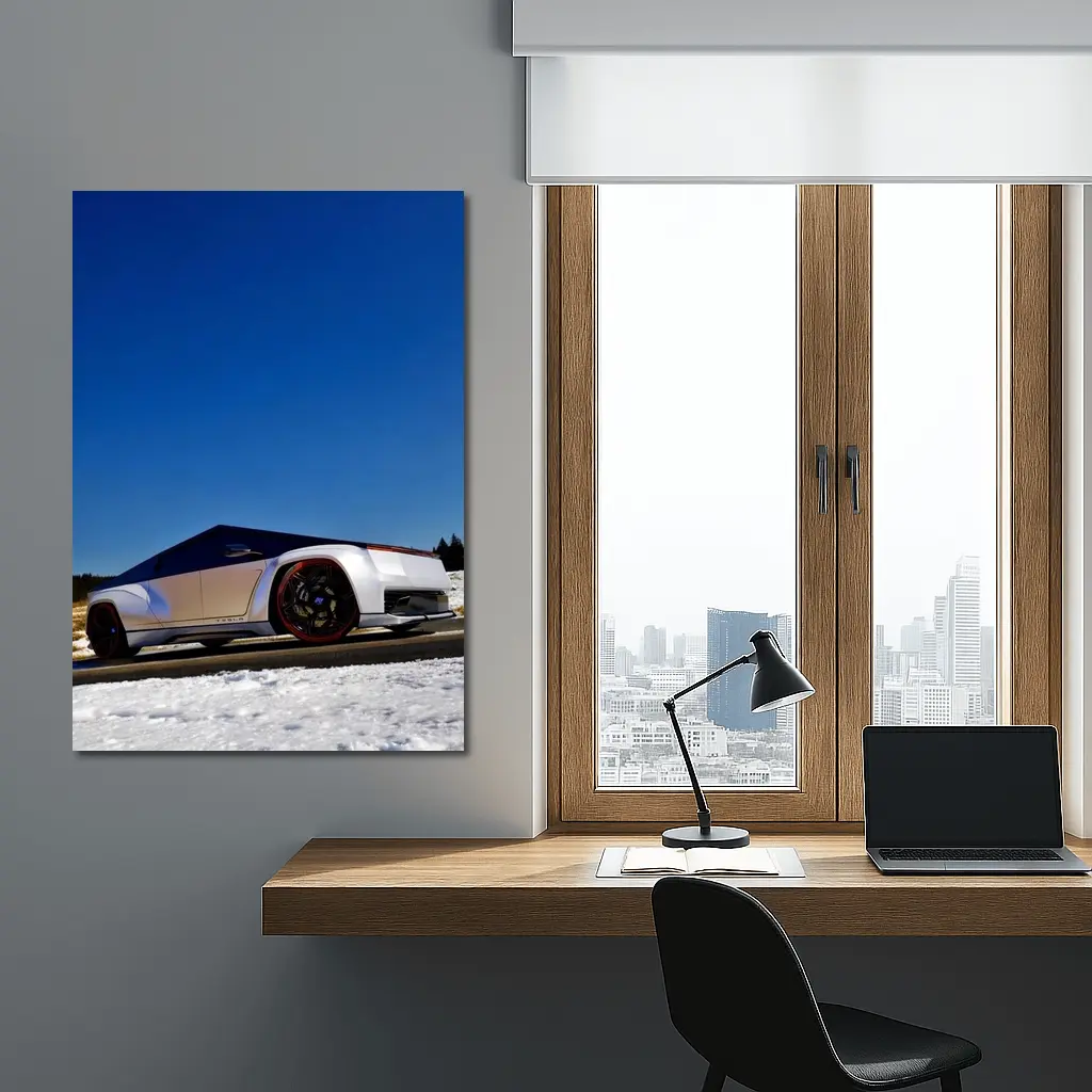 Tesla Cybertruck Silver Truck Snowy Road – Wall Art