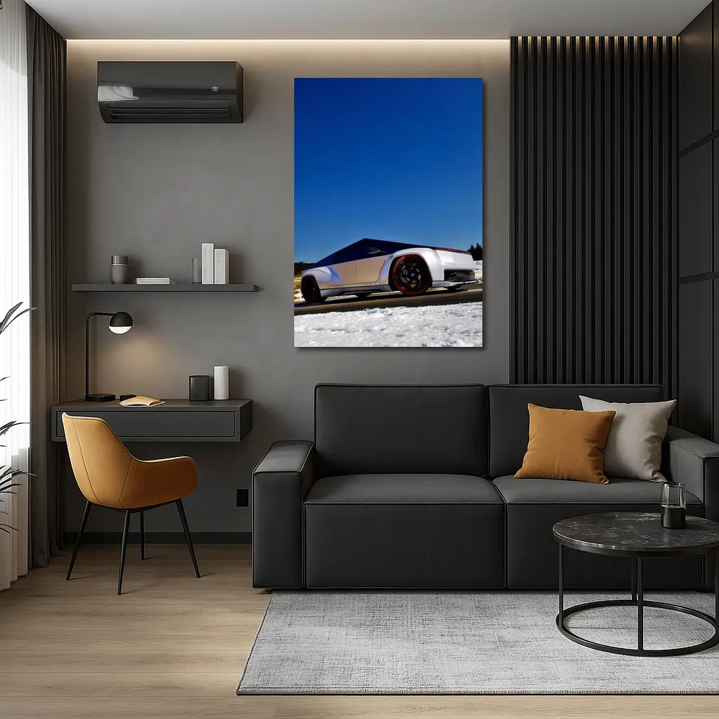 Tesla Cybertruck Silver Truck Snowy Road – Wall Art