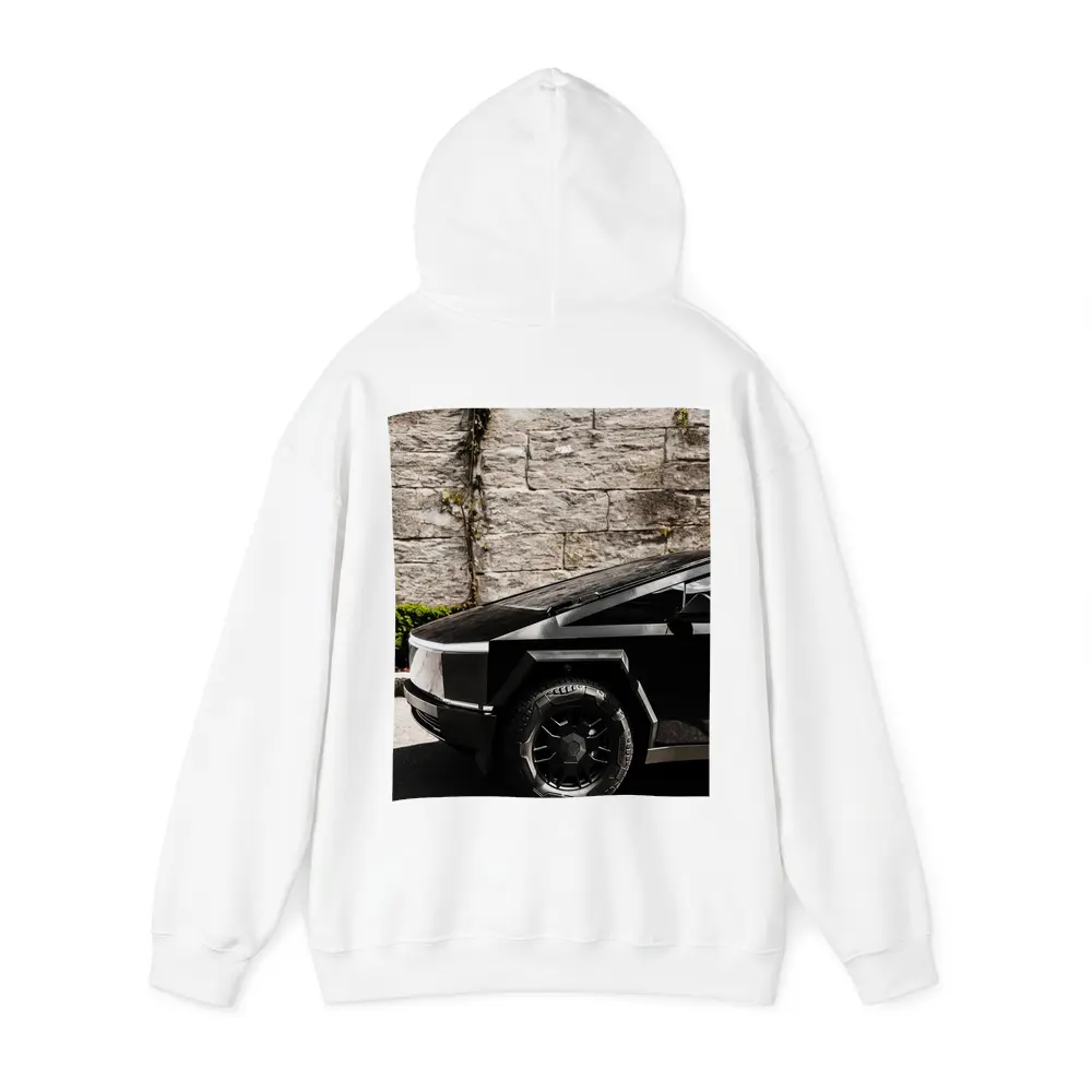 Tesla Cybertruck Black Against Stone Wall – Hoodies