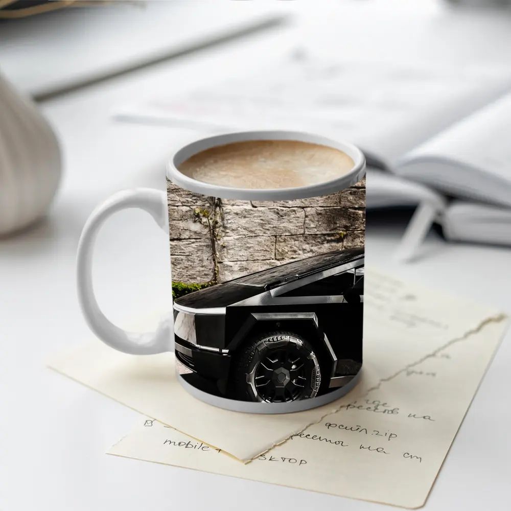 Tesla Cybertruck Black Against Stone Wall – Mugs