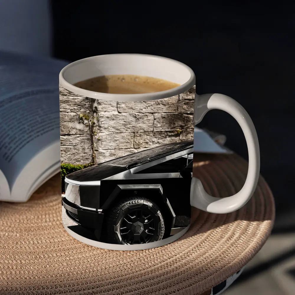 Tesla Cybertruck Black Against Stone Wall – Mugs