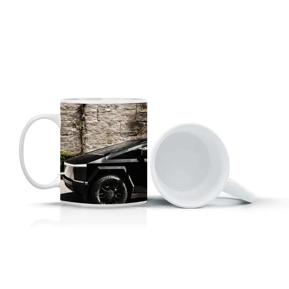 Tesla Cybertruck Black Against Stone Wall – Mugs