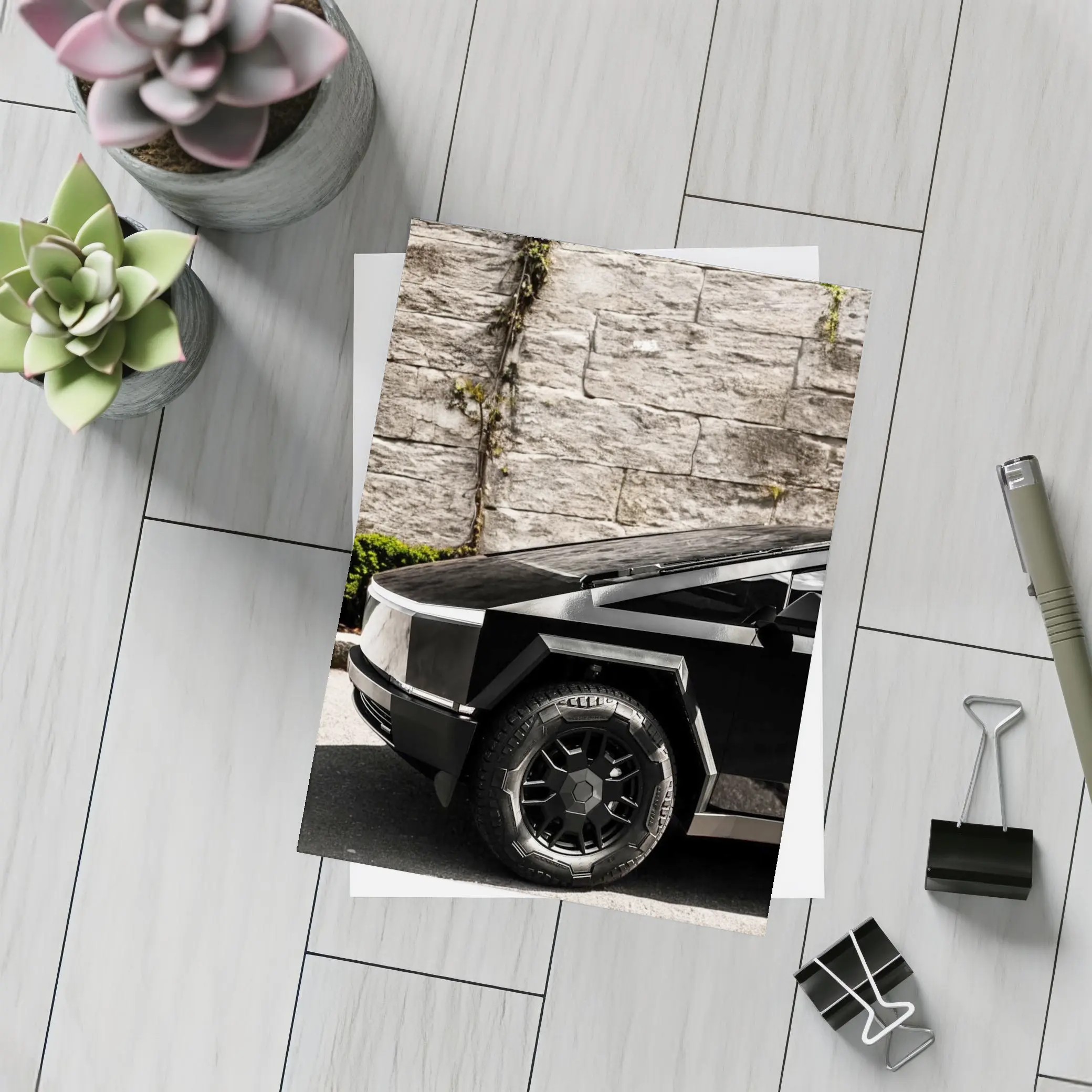 Tesla Cybertruck Black Against Stone Wall – Postcards