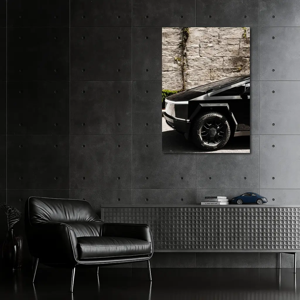 Tesla Cybertruck Black Against Stone Wall – Wall Art