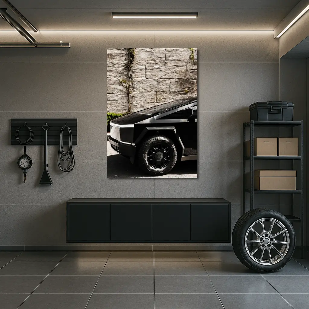 Tesla Cybertruck Black Against Stone Wall – Wall Art