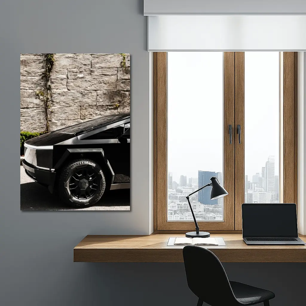 Tesla Cybertruck Black Against Stone Wall – Wall Art