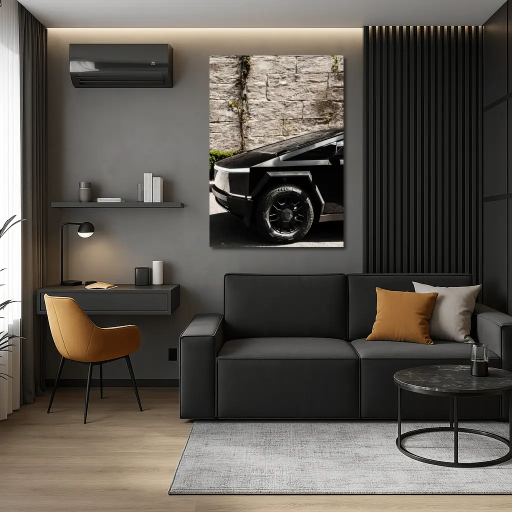 Tesla Cybertruck Black Against Stone Wall – Wall Art