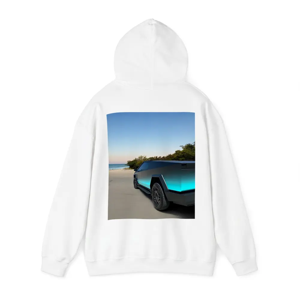 Tesla Cybertruck Teal Beach Coastal Shot – Hoodies