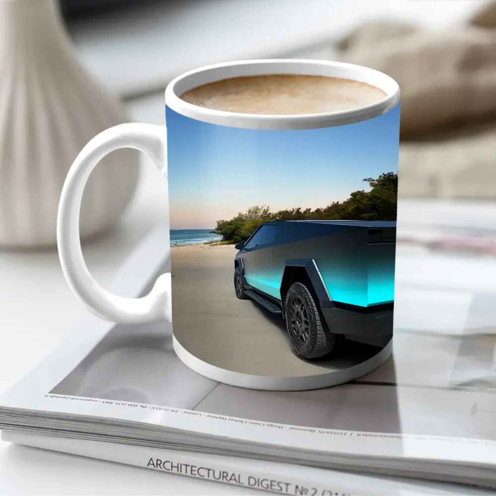 Tesla Cybertruck Teal Beach Coastal Shot – Mugs