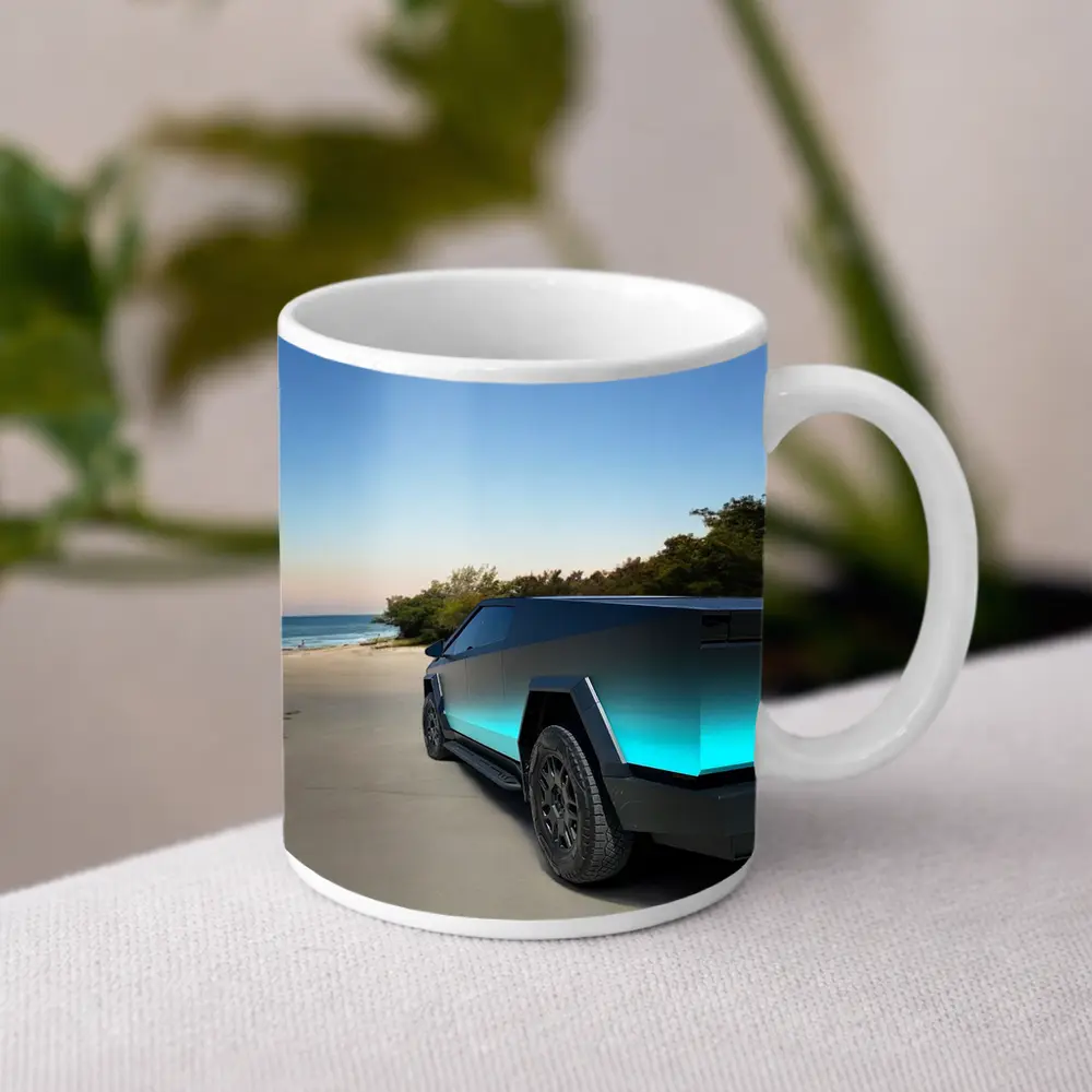 Tesla Cybertruck Teal Beach Coastal Shot – Mugs