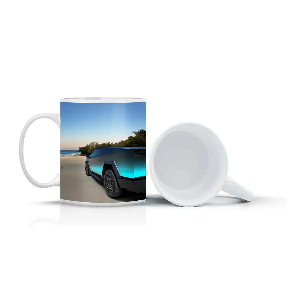 Tesla Cybertruck Teal Beach Coastal Shot – Mugs