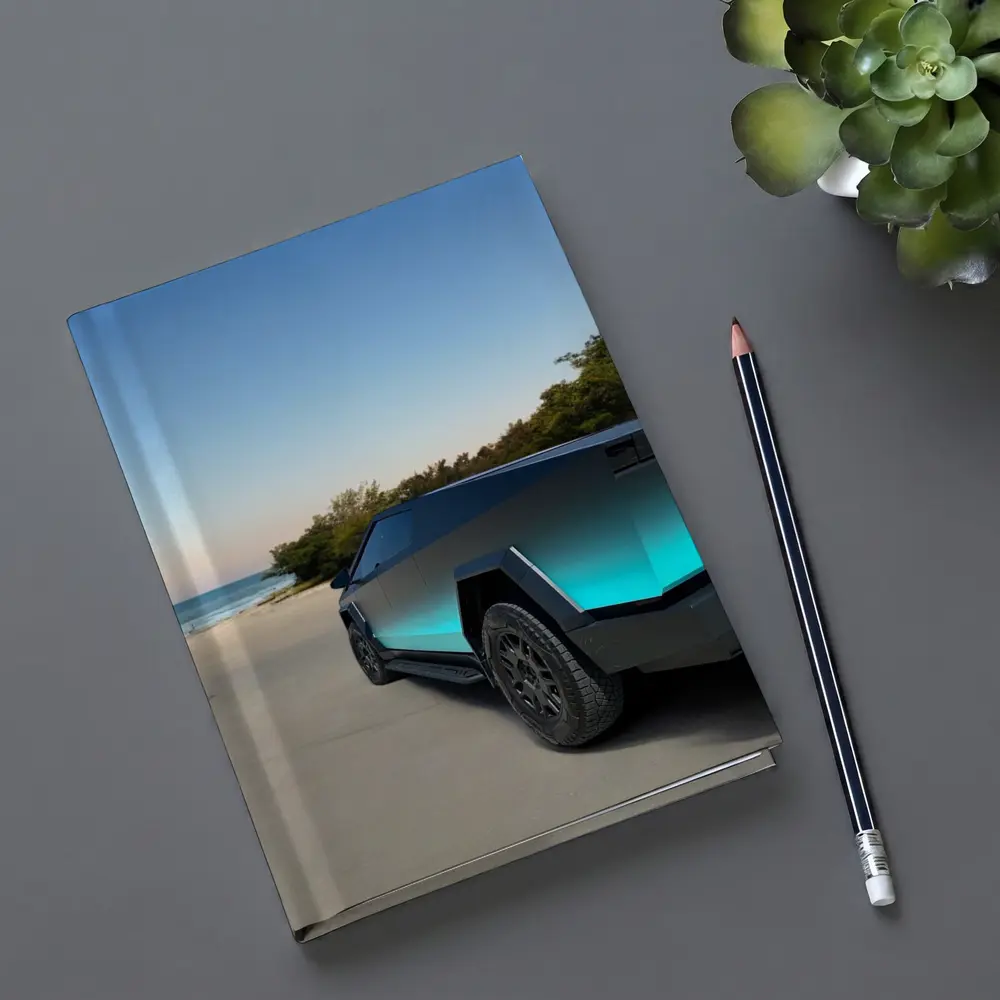 Tesla Cybertruck Teal Beach Coastal Shot – Notebooks