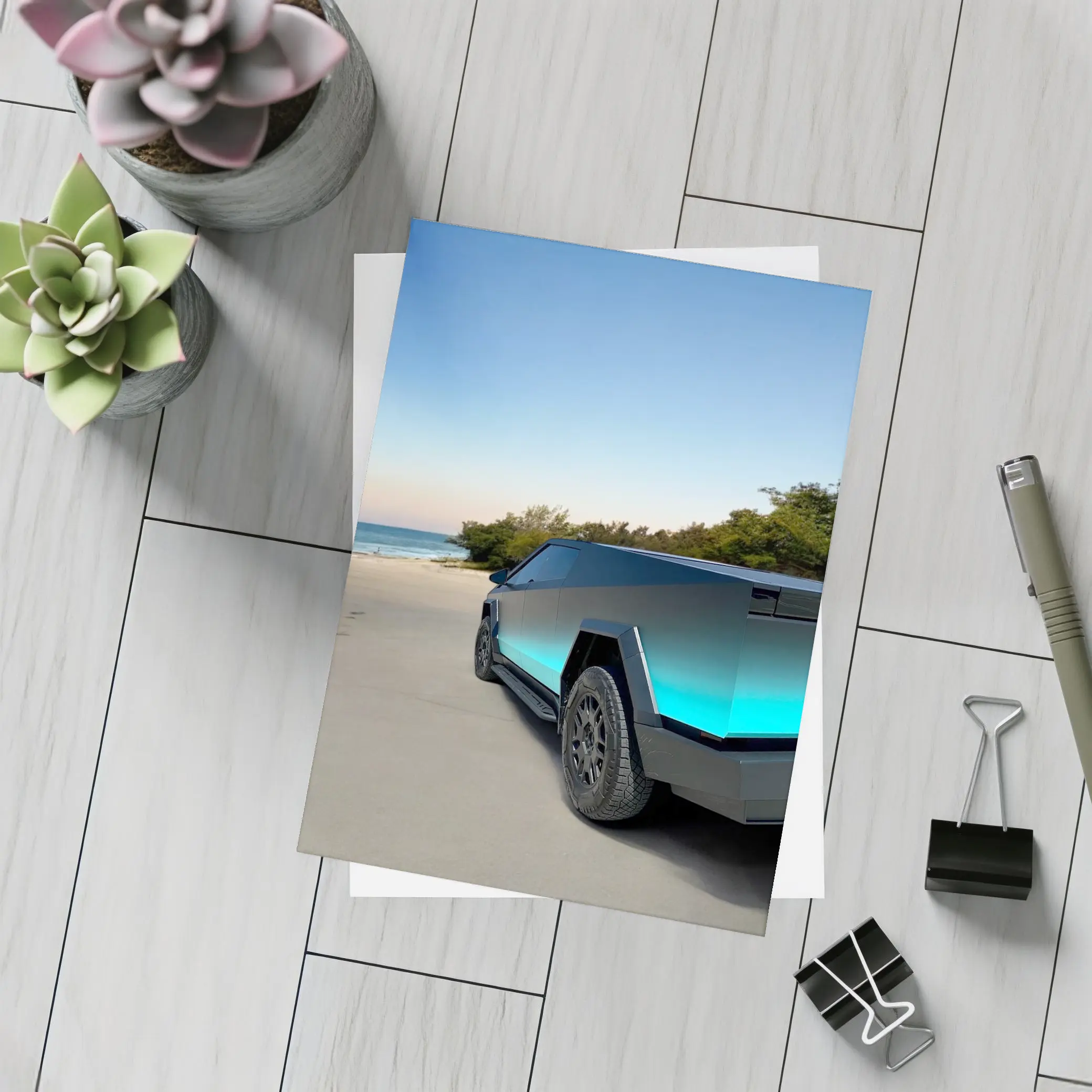 Tesla Cybertruck Teal Beach Coastal Shot – Postcards