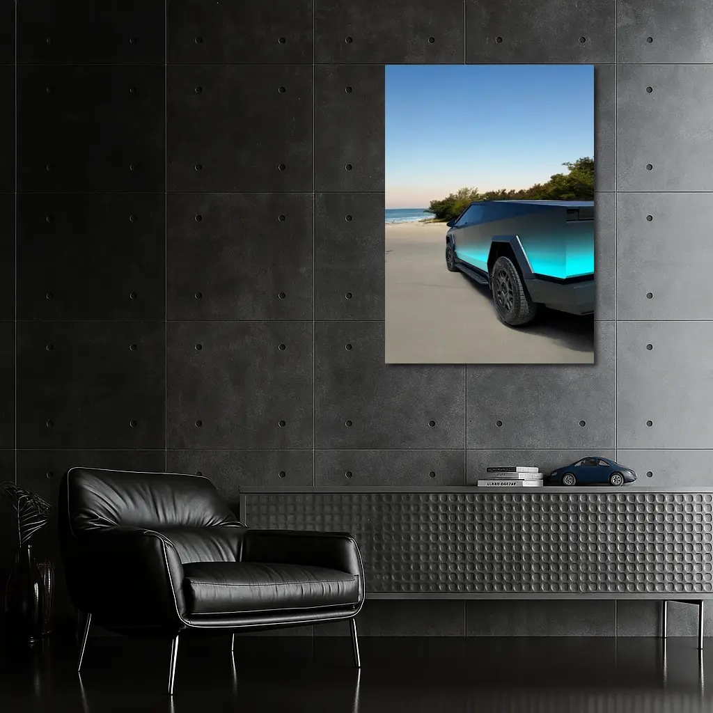 Tesla Cybertruck Teal Beach Coastal Shot – Wall Art